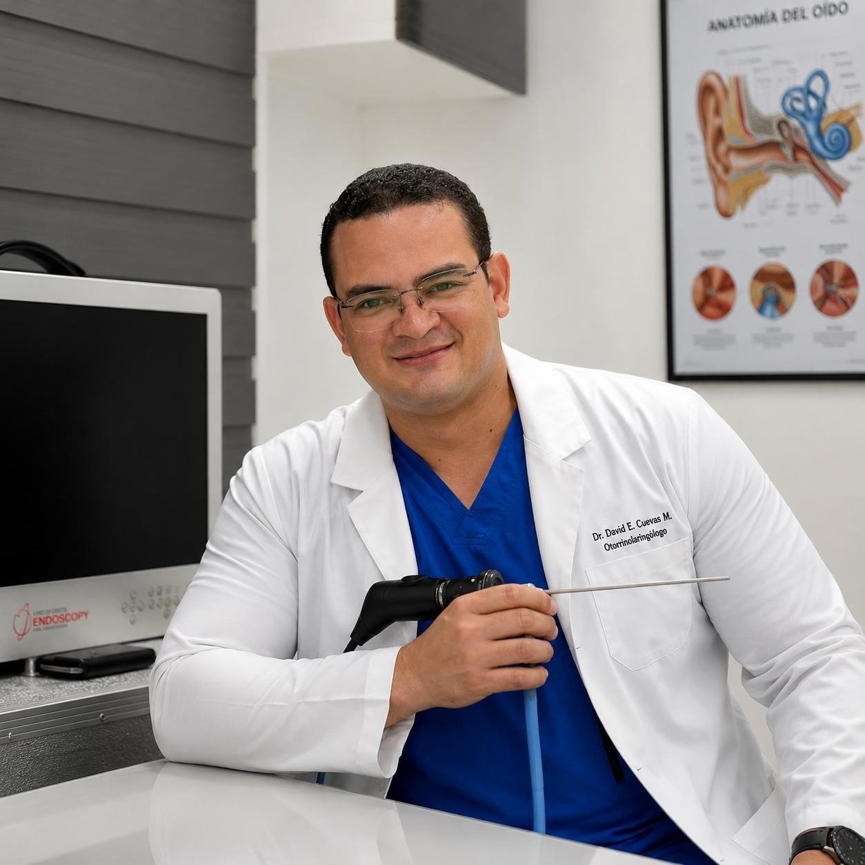 Dr. David Cuevas Matos, especialista en Otorrinolaringología, en su consultorio